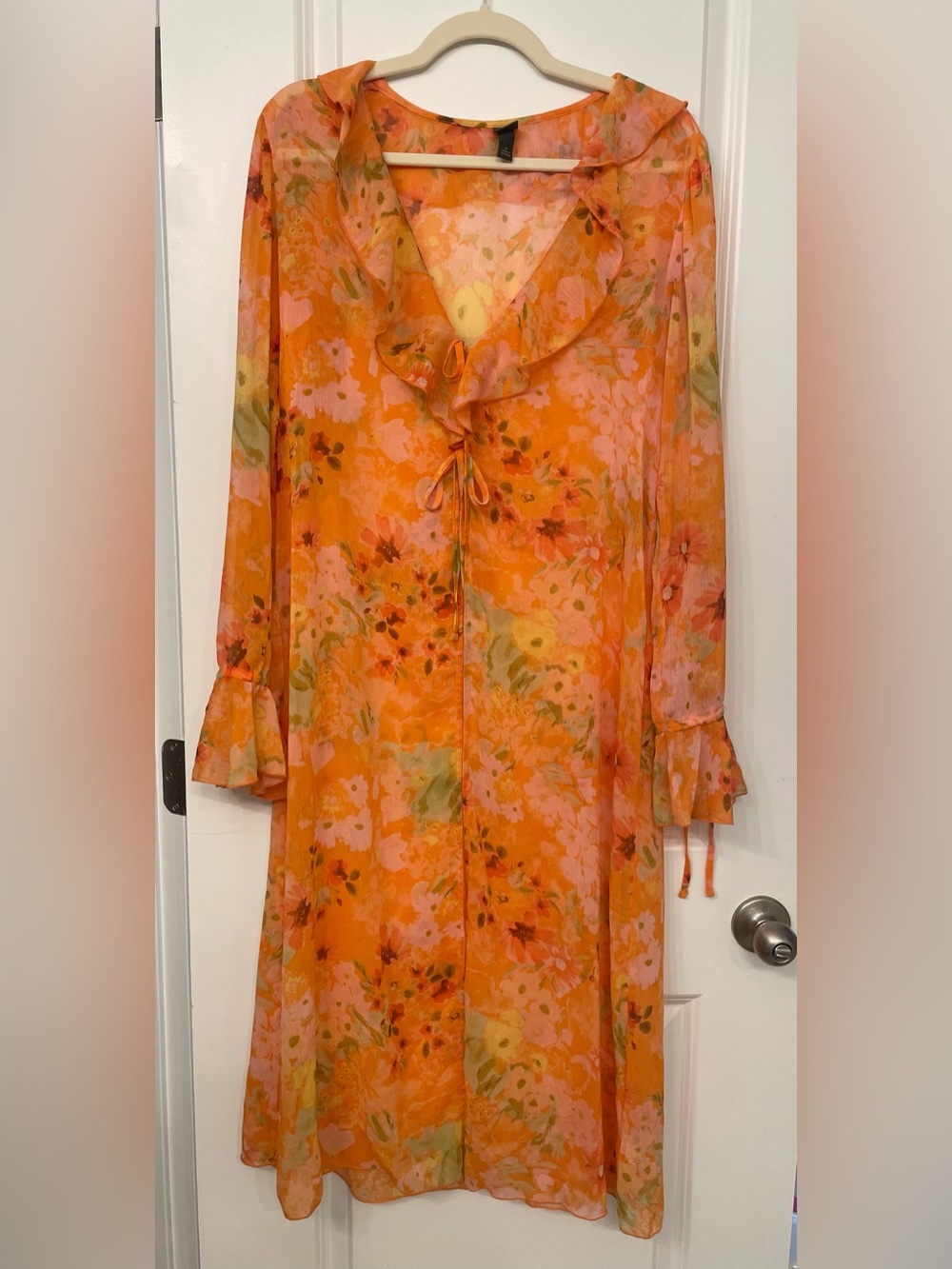 wild fable Orange & Pink Floral Ruffle-Front Long Sleeve Duster